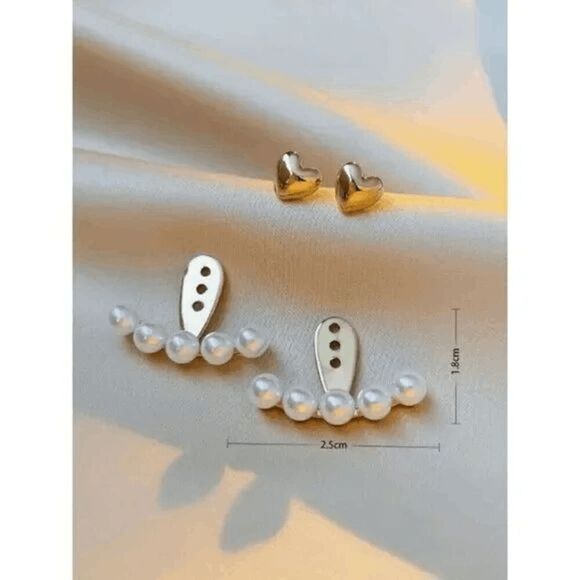 GOLD HEART PEARL EAR JACKET HUGGER STUD EARRINGS - Picture 5 of 6